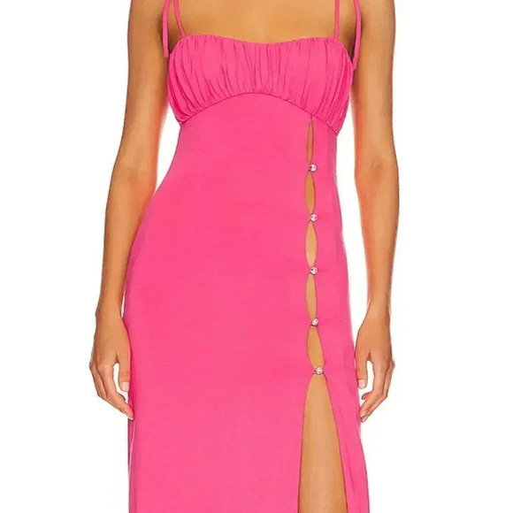 NWT NBD Revolve Fleure Hot Pink Crystal Studded Slit Strappy Jersey Midi Dress M - Picture 3 of 9